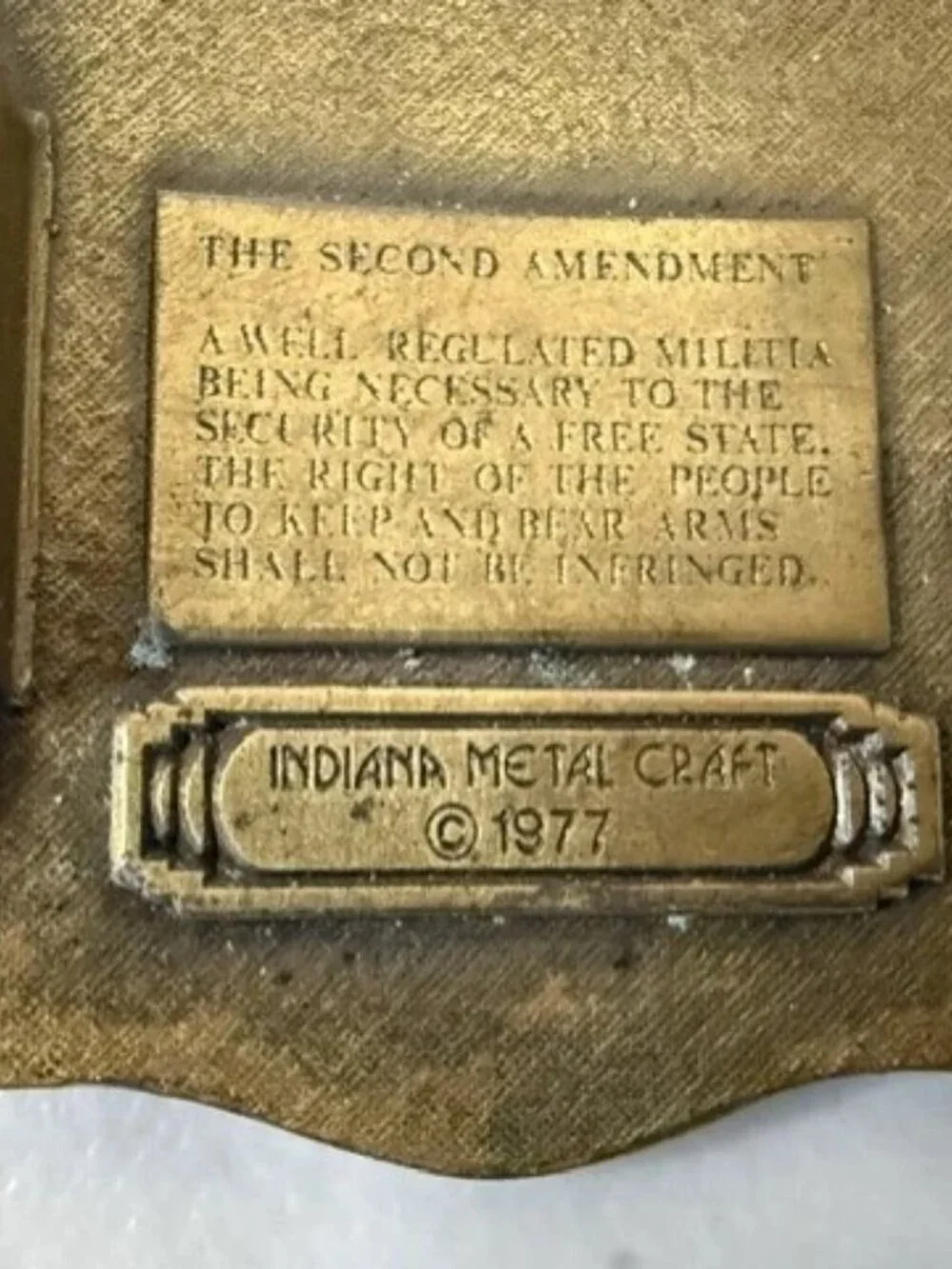 1977 INDIANA METAL Our American Heritage The Second Amendment Brass Belt Buckle